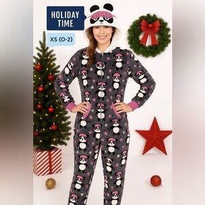Holiday Time Panda Pajama Jumpsuit XS Tired Hood
